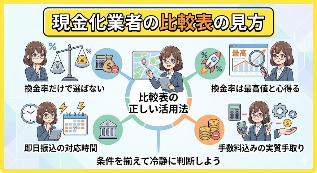 現金化業者の比較表の見方とチェックポイント